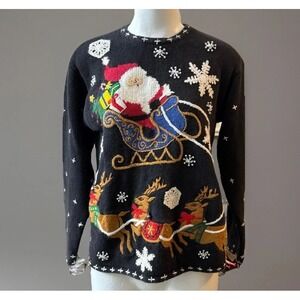 Designers Originals Studio Santa Reindeer Christmas Sweater L Black Embroidered